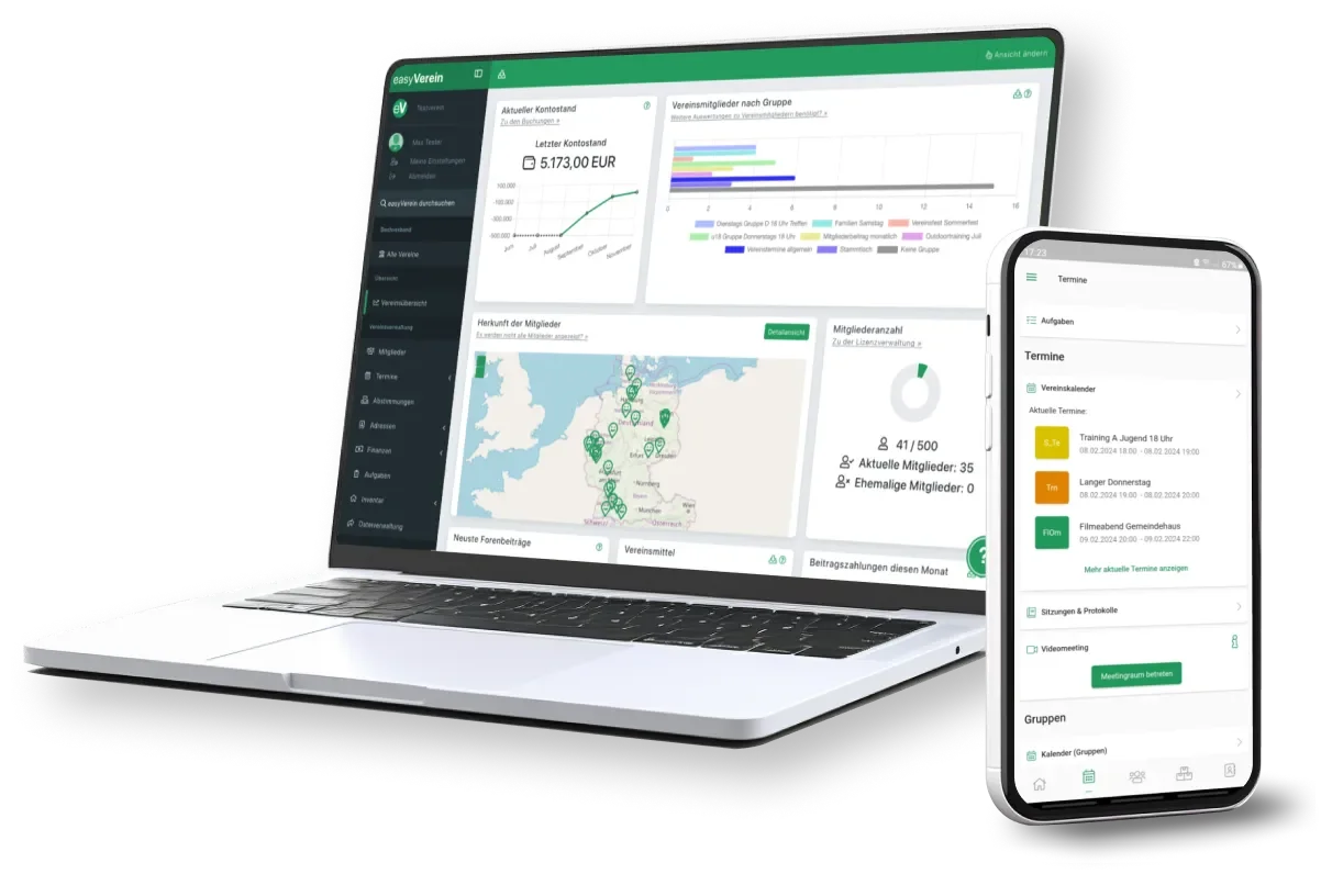 Laptop und Smartphone mit einer Verwaltungssoftware für Vereine, zeigt Diagramme, Karten, Mitgliederzahlen und Termine in deutscher Sprache.