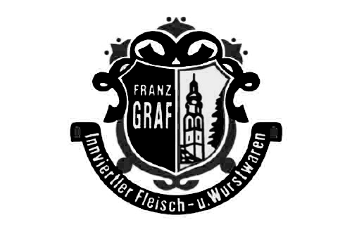 Wappen mit Text "Franz Graf" und "Imbisshof Fleisch- und Wurstwaren", sowie ein Turm in der Mitte.