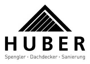 Logo mit einem stilisierten Dach und den Worten "HUBER" sowie den Tätigkeitsfeldern Spengler, Dachdecker, Sanierung