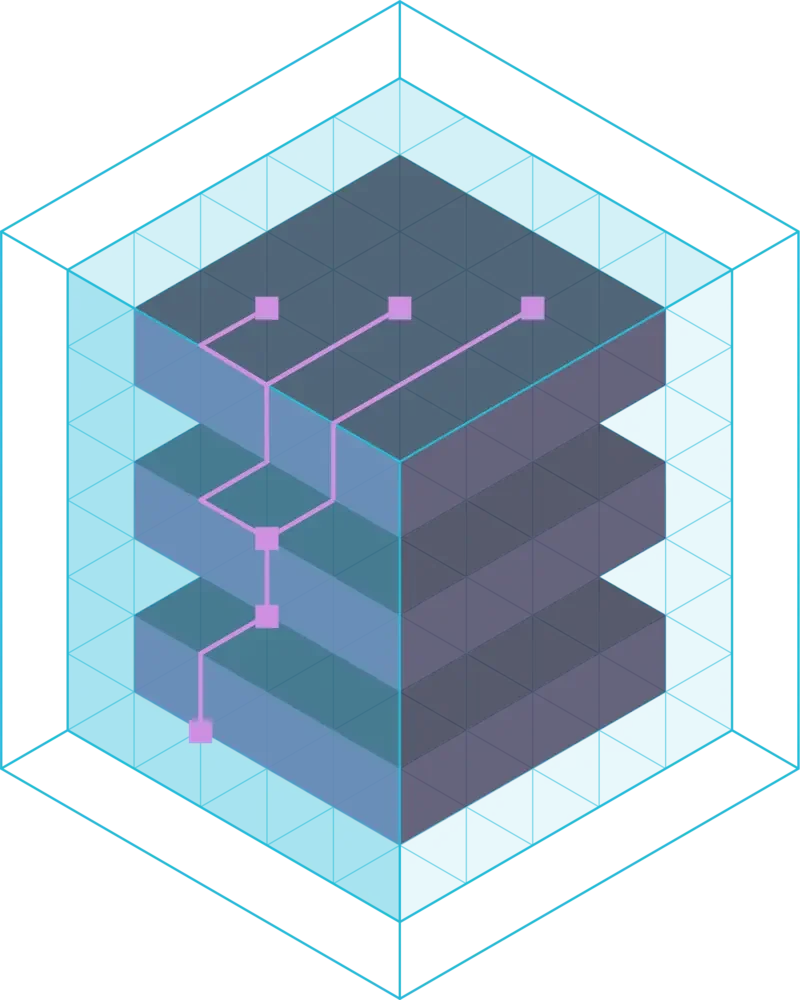 A 3D llustration of a layered data structure with interconnected nodes representing Kensho's Core AI Capabilities for data preparation and enrichment.