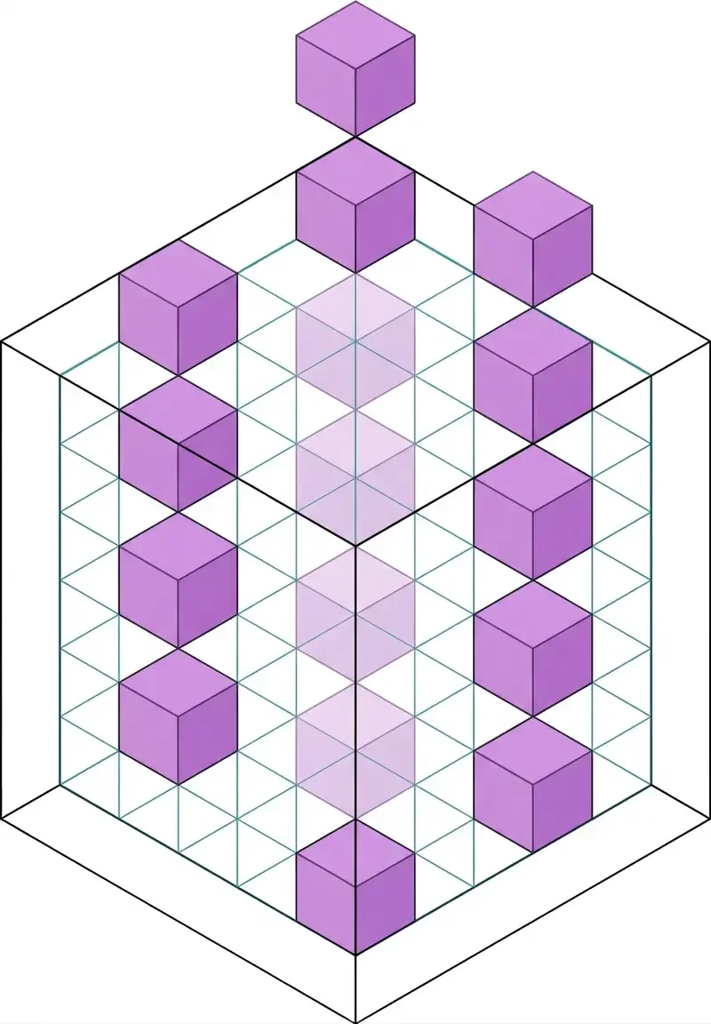 An isometric illustration of a 3D cube with purple smaller cubes placed on specific grid points around its perimeter representing Kensho's release of datasets designed to train AI models on financial tasks.