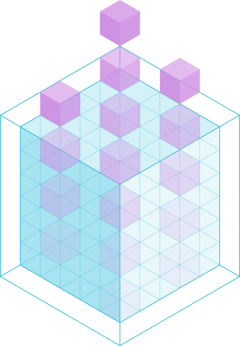 A 3D illustration with purple cubes on top of a blue matrix representing Kensho's AI research and innovation efforts.