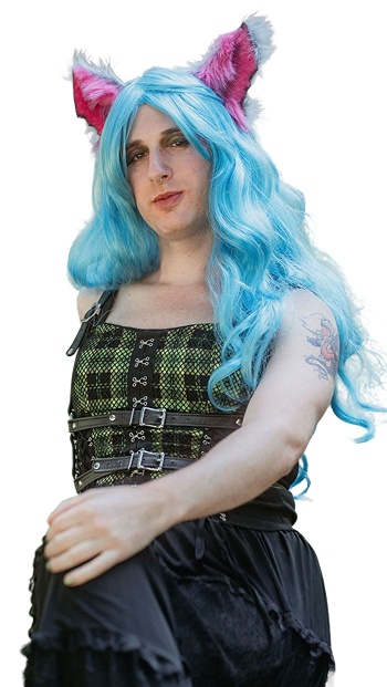 Calla, pronouns she/her, wearing pink and blue fuzzy ears and a vibrant blue wig with a confident posture.