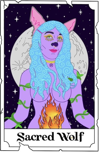 Illustration of Sacred Wolf card, similar to a tarot card.