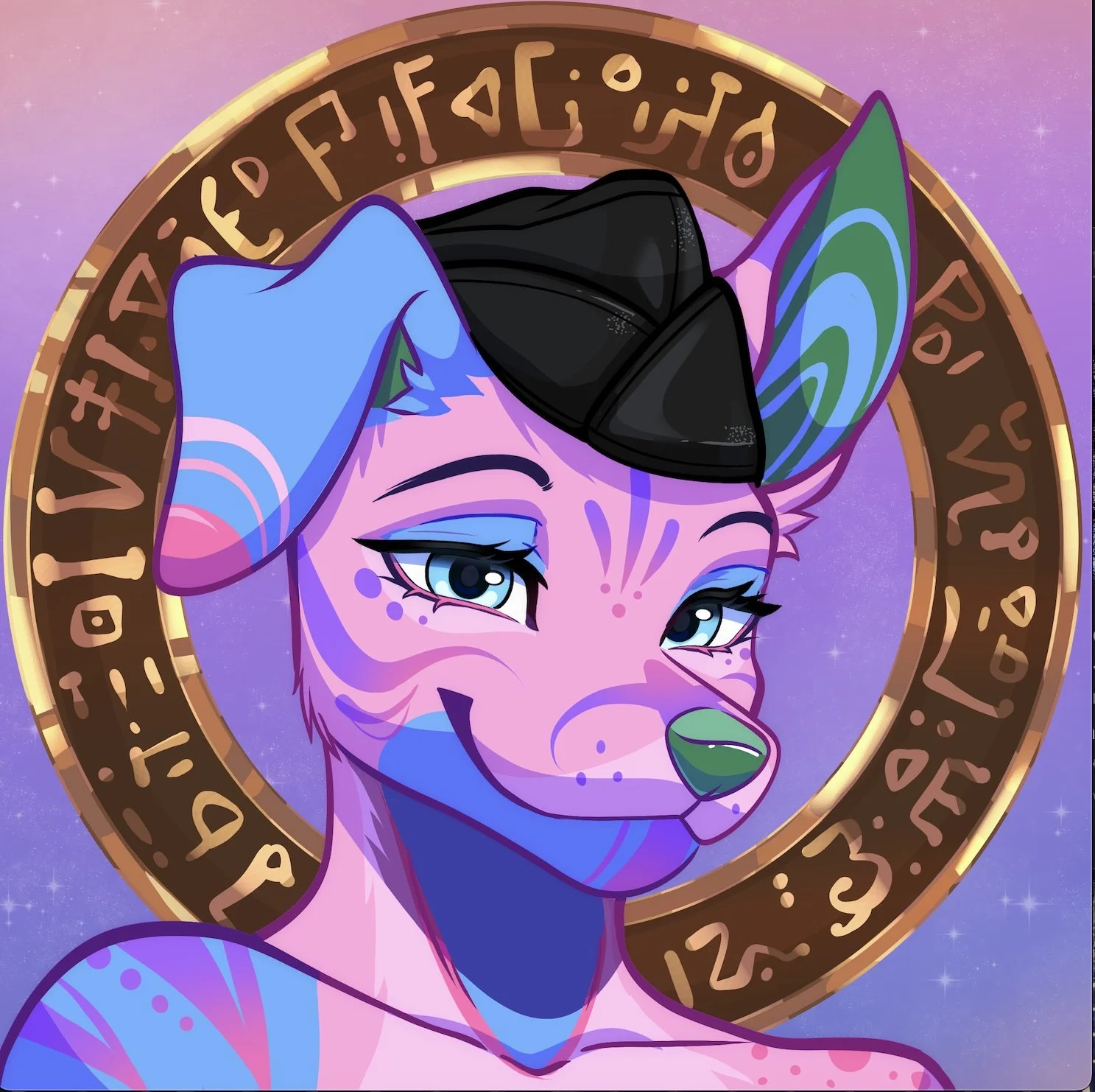 An anthropomorphic wolf wearing a leather cap, with pink and purple fur, marked with unique tattoos