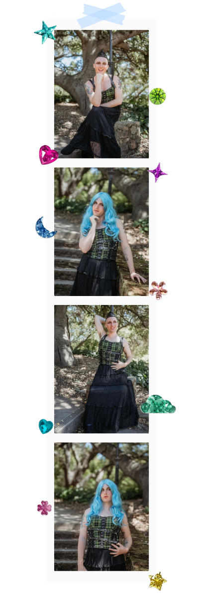 A collage of four photos featuring Calla with blue hair and tattoos, wearing a black and green plaid dress, posing outdoors among trees and natural scenery.