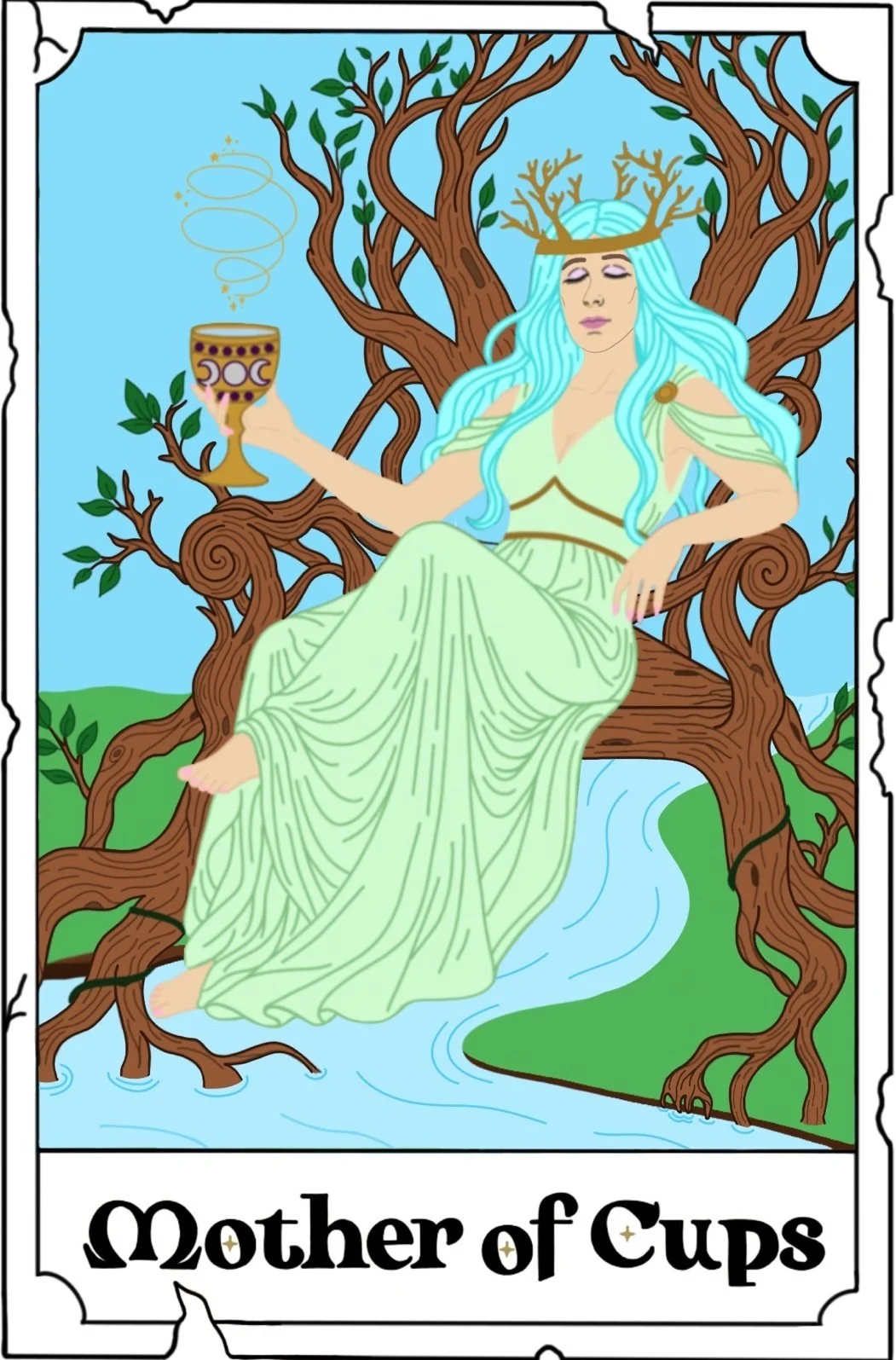 A tarot card called Mother of Cups. The card depicts a woman in a mint green dress sitting on a throne made of living trees. She wears a crown of branches and drinks from a golden chalice held in the right hand.