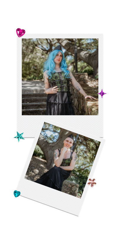 Calla featured in two images: one with long blue hair and a green plaid top, and the other with short hair, smiling and touching her chin. The photos are framed in a digital scrapbook style with colorful decorative stars and hearts.