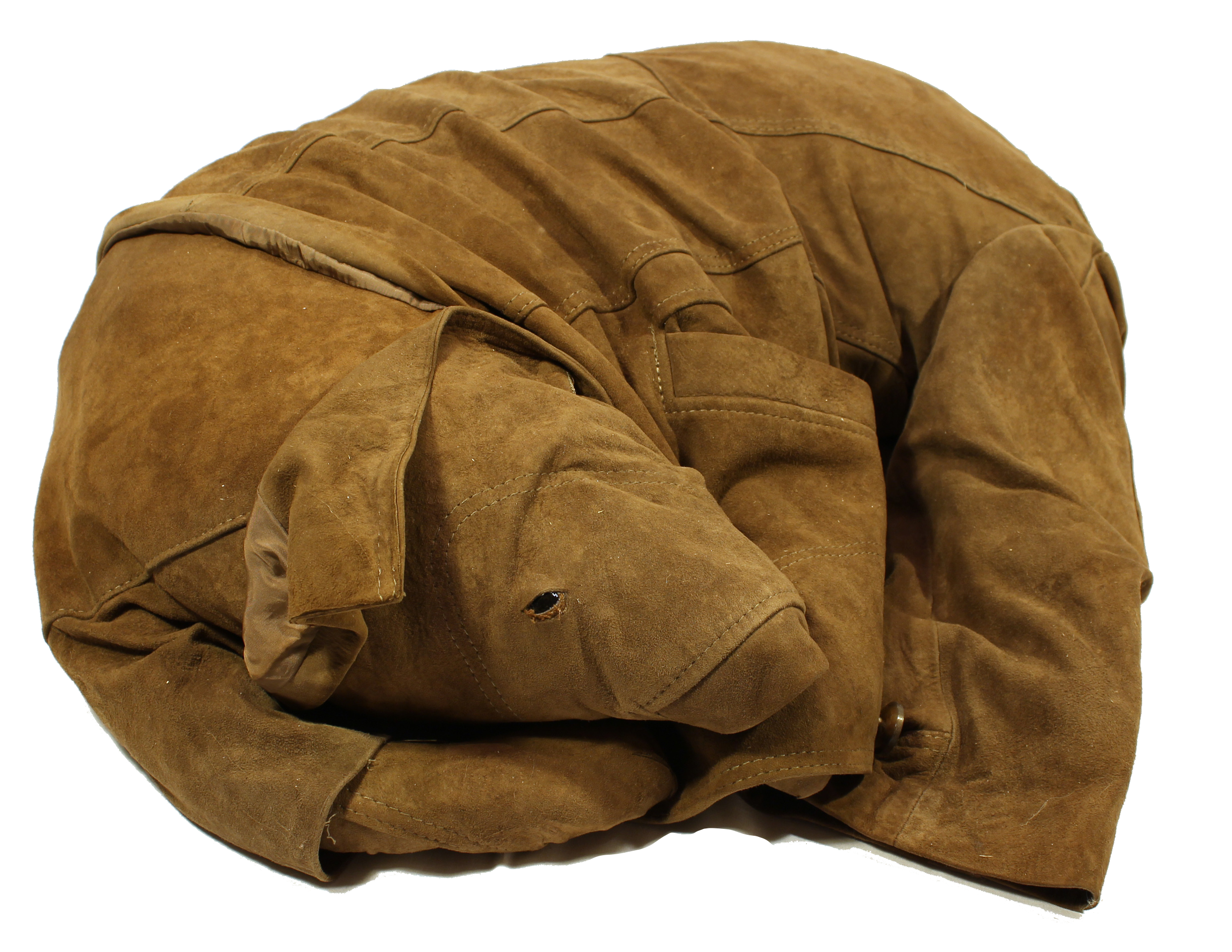 Sleeping kind-of-a-dog sculpture made out of light brown leather jacket.