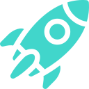 A cartoon-style rocket ship with a pointed nose, fins, and flames at the bottom, set against a plain background.