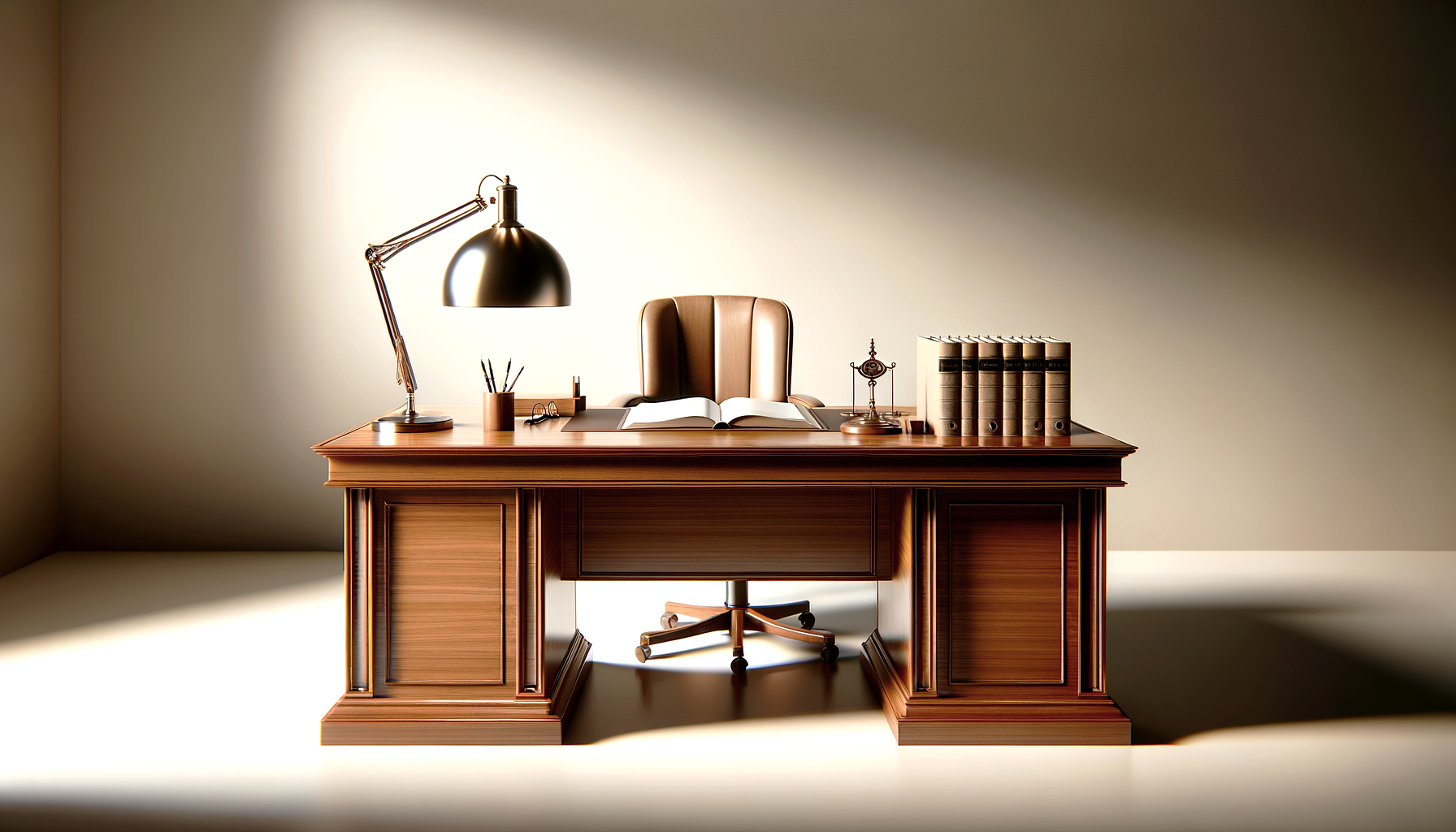 Empty classic wooden office desk with brass desk lamp, open book, vintage clock, pens, and a row of books, with a brown leather office chair against a plain wall.