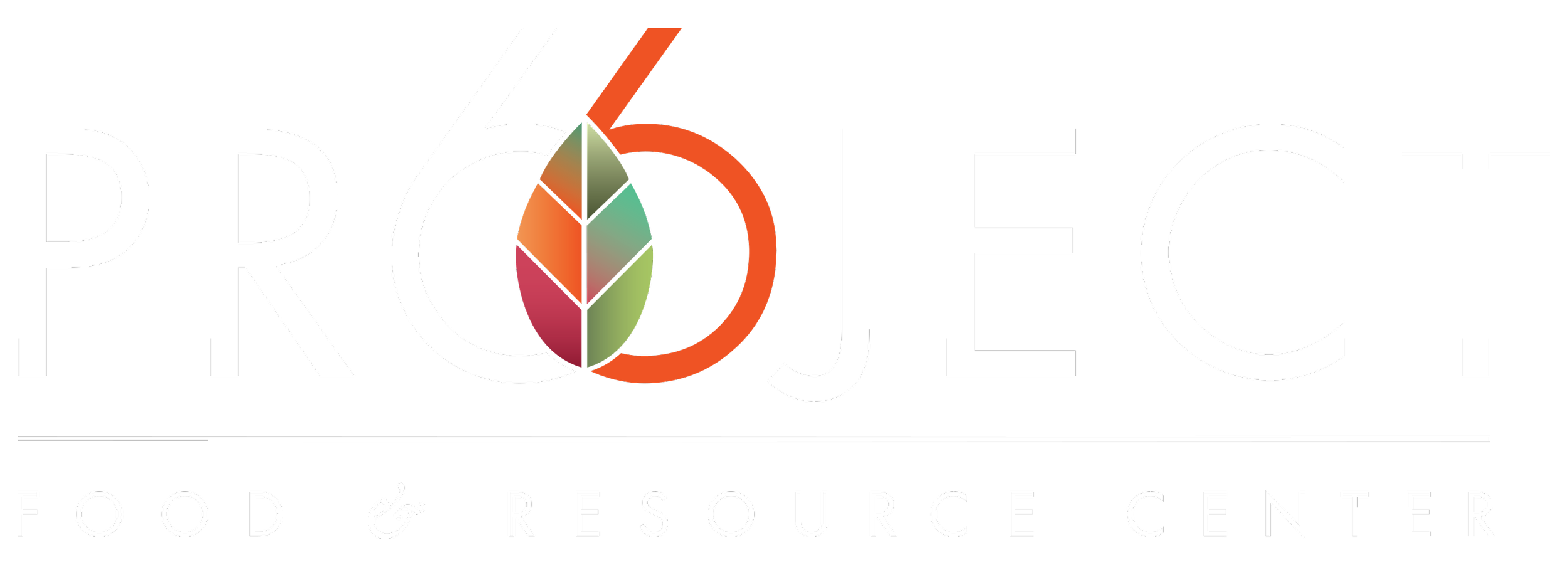 Logo with the word "PROJEC" in white capital letters, a stylized leaf with multicolored segments in the middle of the word, the phrase "FOOD & RESOURCE CENTER" underneath in smaller white letters on a black background.