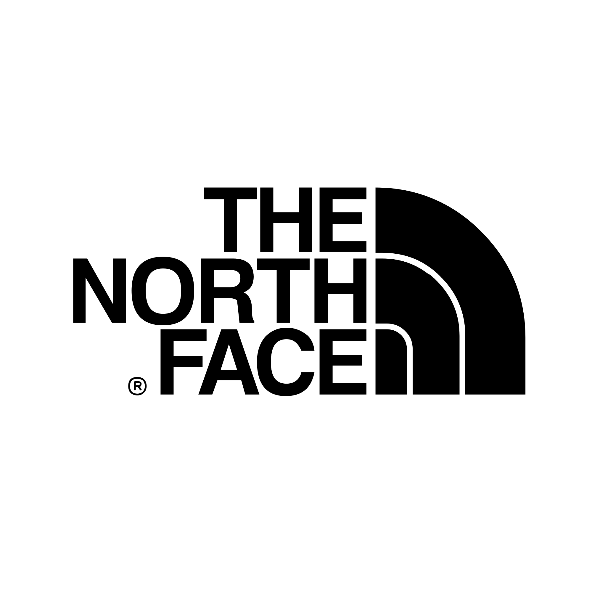 Black and white logo of The North Face with the brand name in bold letters inside a half-dome shape.