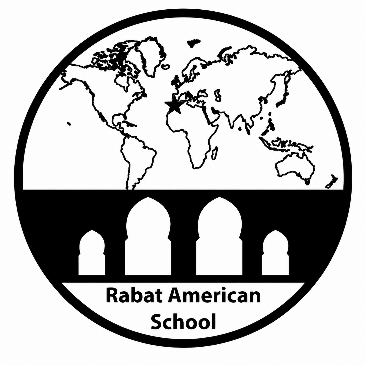 A black and white logo of Rabat American School featuring a world map and an Islamic-style arches design with the school's name.