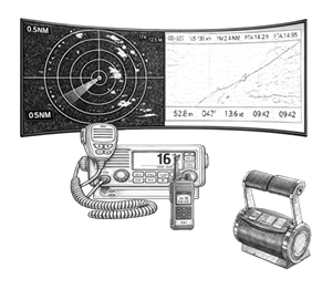 Ecran de navigation maritime, radar, carte de navigation, radio VHF UHF MF/HF, commande moteur