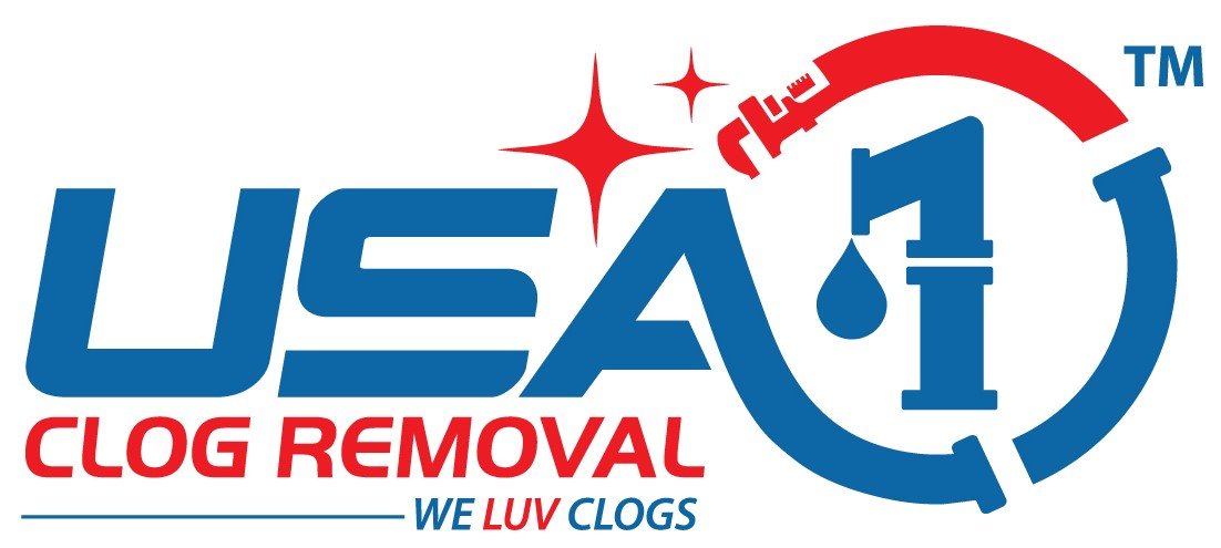 Logo for USA Clog Removal featuring a stylized clock with a water droplet and a wrench, with the tagline "WE LUV CLOGS."