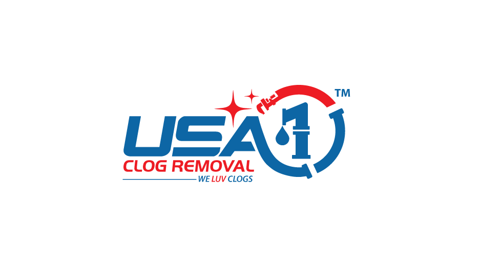 USA Clog Removal logo with water faucet, clock, and spark symbols, and text 'USA Clog Removal' and slogan 'We Luv Clogs'.