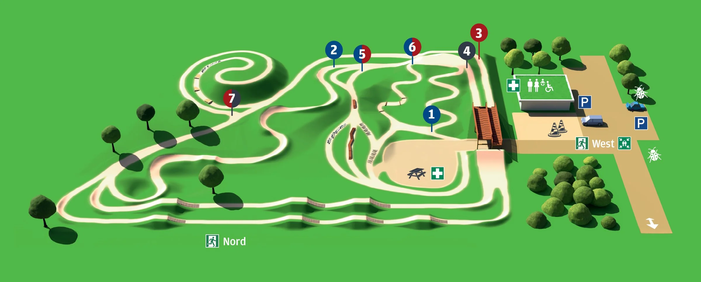 Eine grafische Darstellung des Planes des Bikeparks mit den eingezeichneten Strecken, Gebäuden und Hinweisen zu Rettungspunkten, Parkplätzen und Chill-Area.