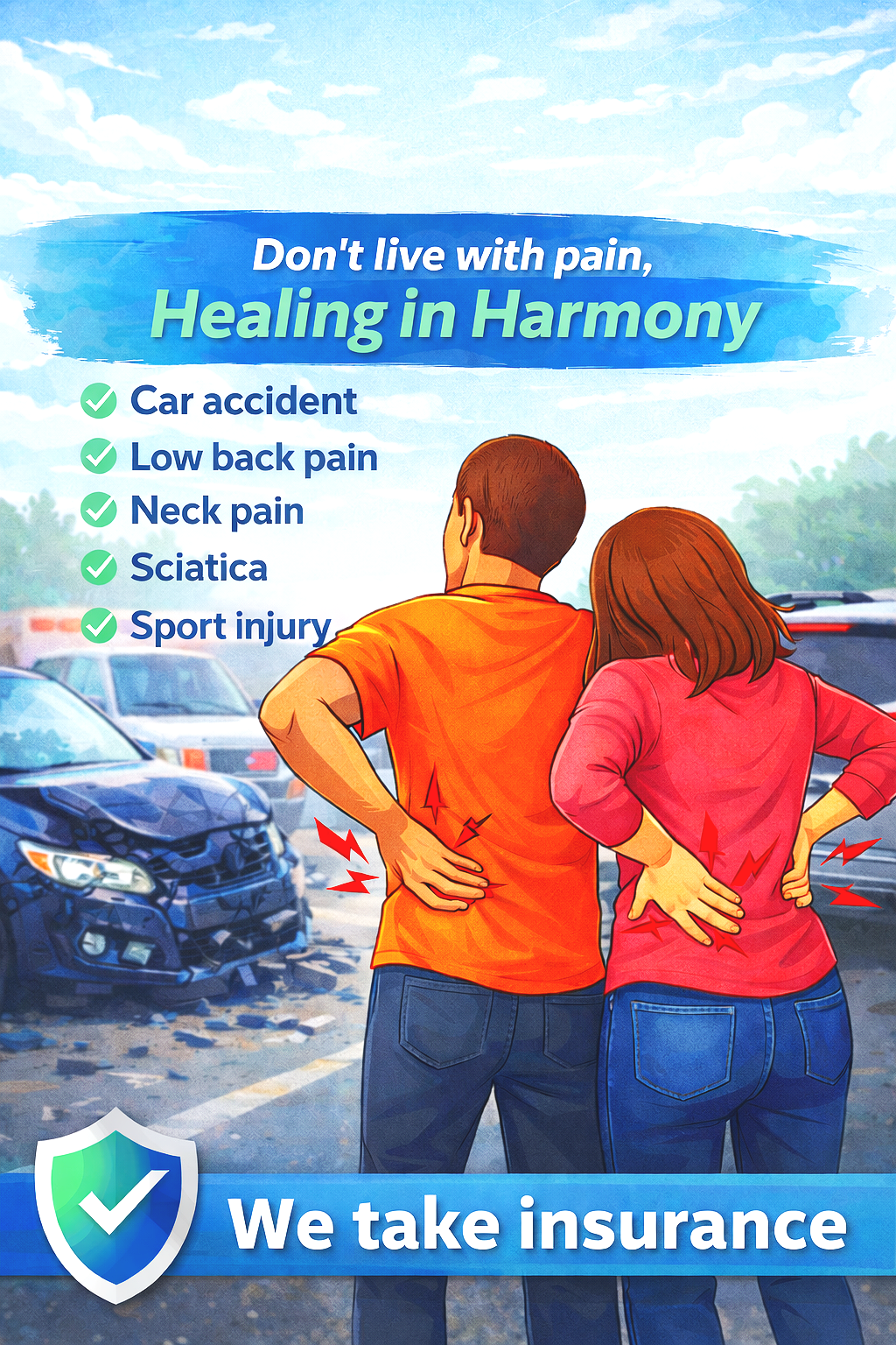 A couple in a parking lot holding their lower backs with pain, with a damaged car in the background. The image promotes insurance for car accidents and injuries.