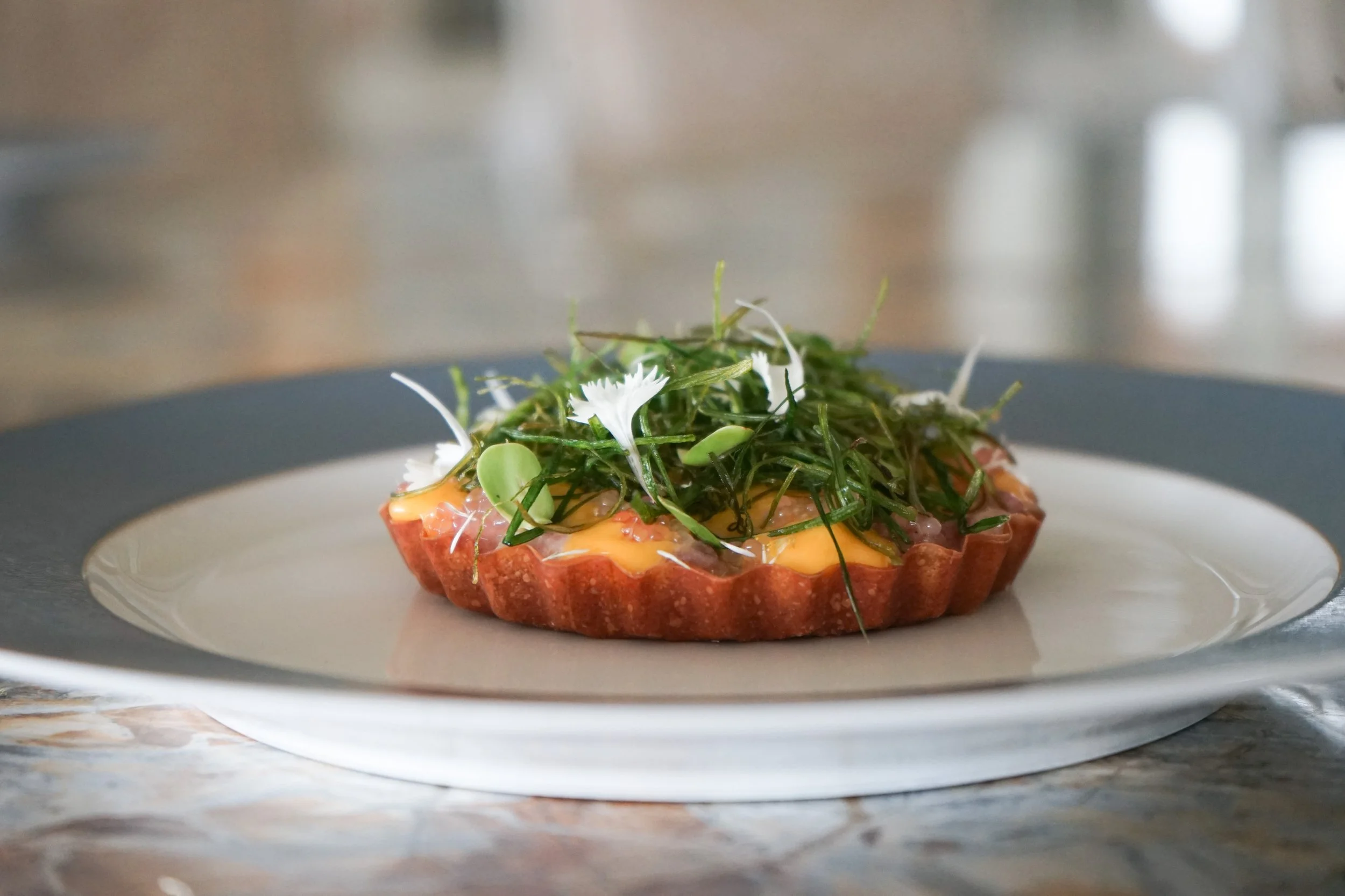 Tuna tarta tart with crispy green onions