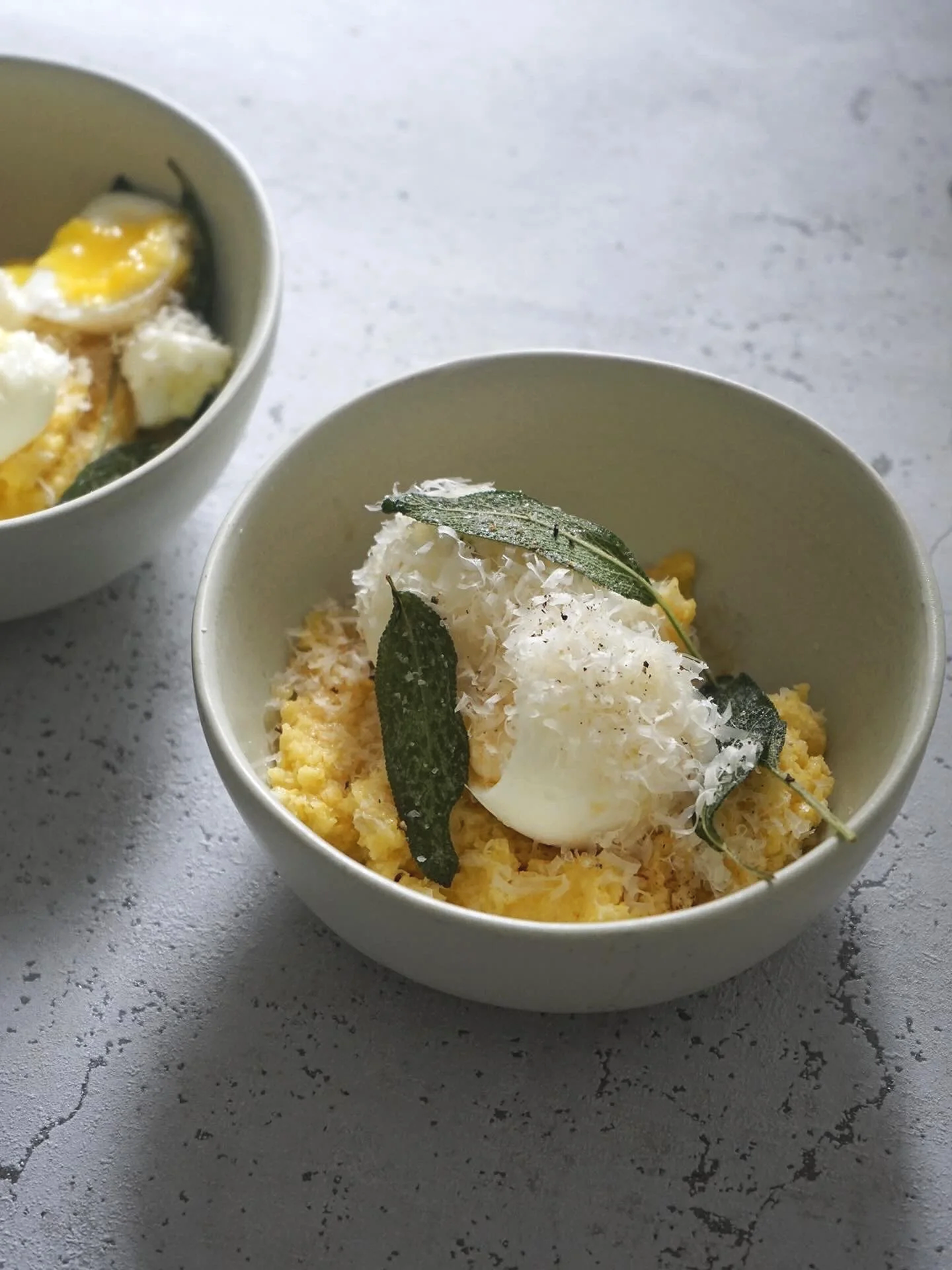 Polenta with boiled egg, parmesan and crispy sage