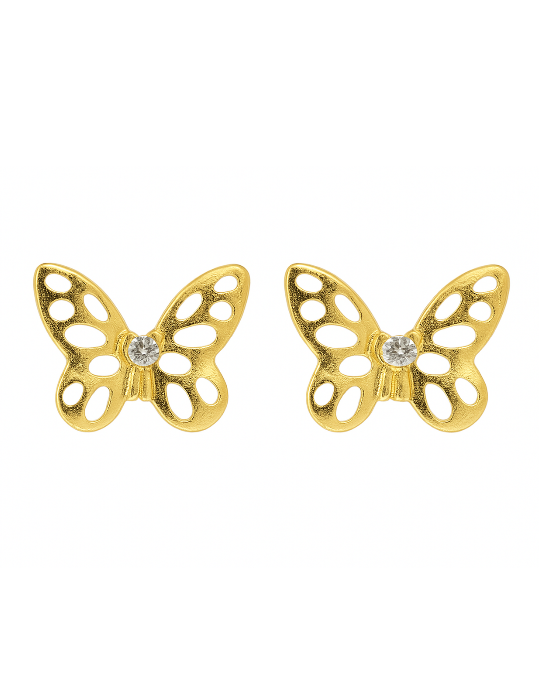 Par de brincos de borboleta dourados com detalhes transparente no centro, sobre fundo branco.