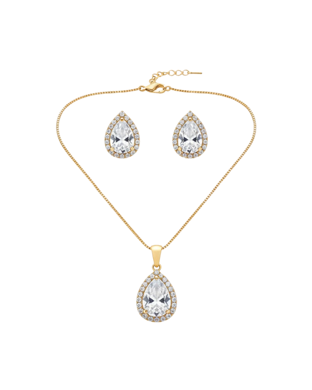 Conjunto com pedras , incluindo um colar longo com pingente, brincos e um colar em forma de escudo.