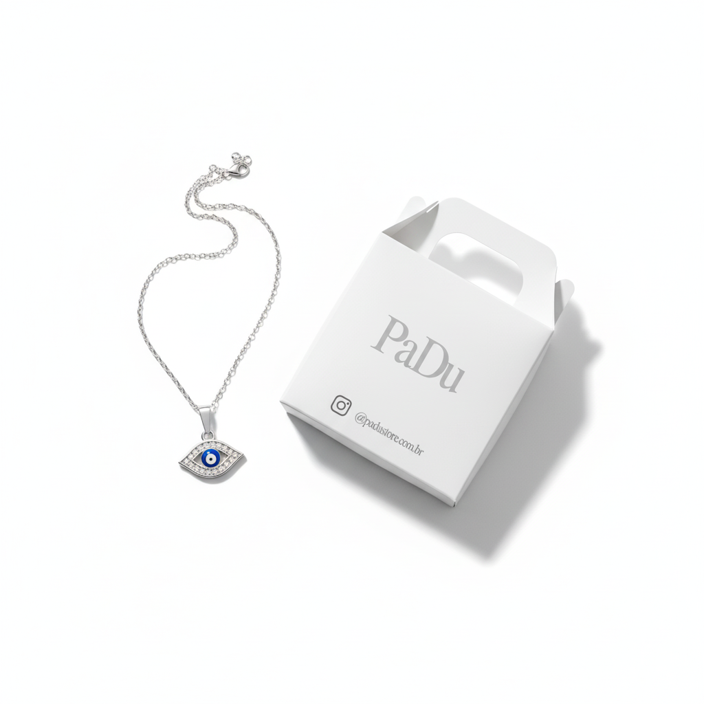 Colar com pingente de olho grego e caixa branca com a marca PaDu