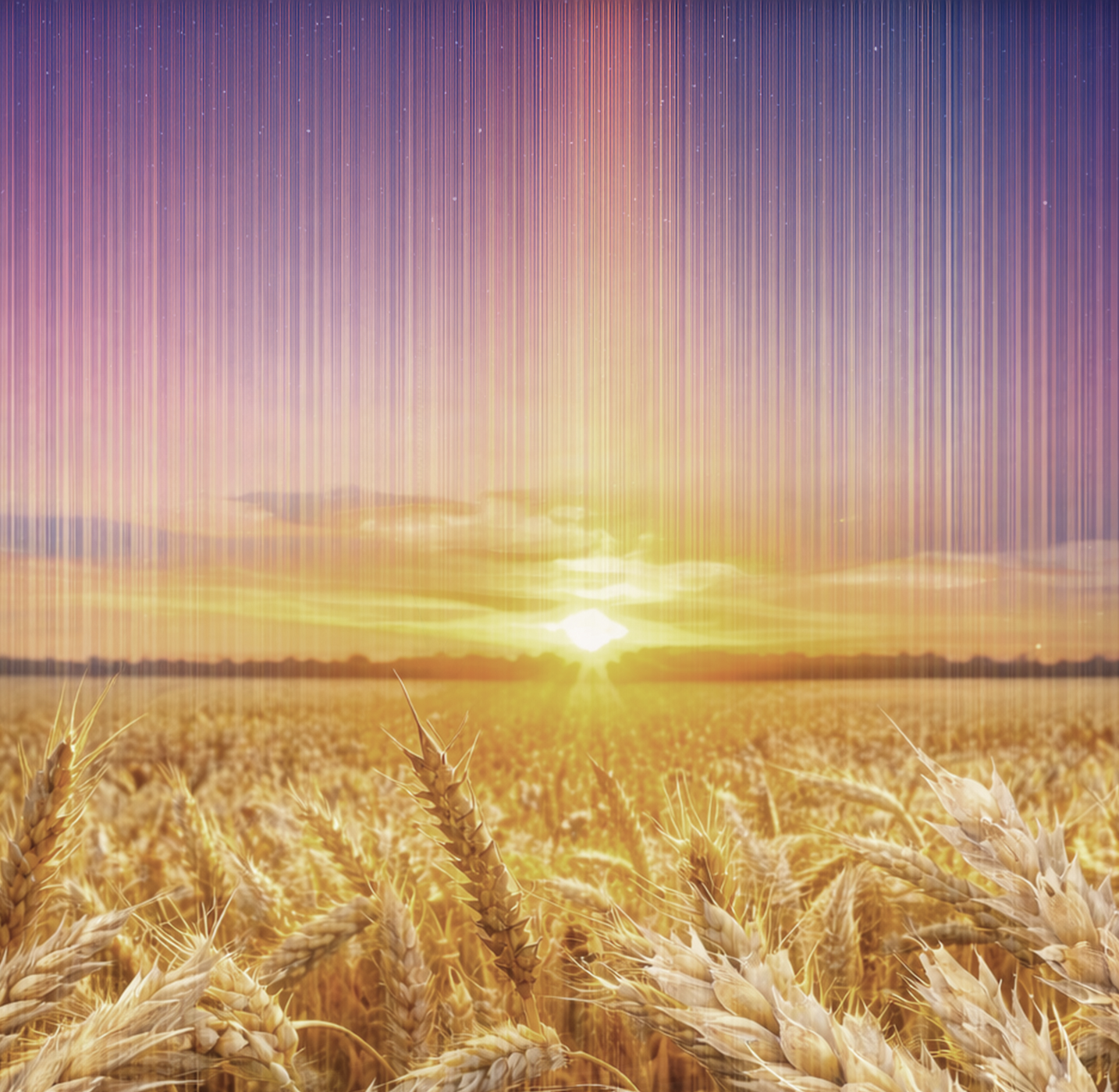 Sun rising over a field of wheat.