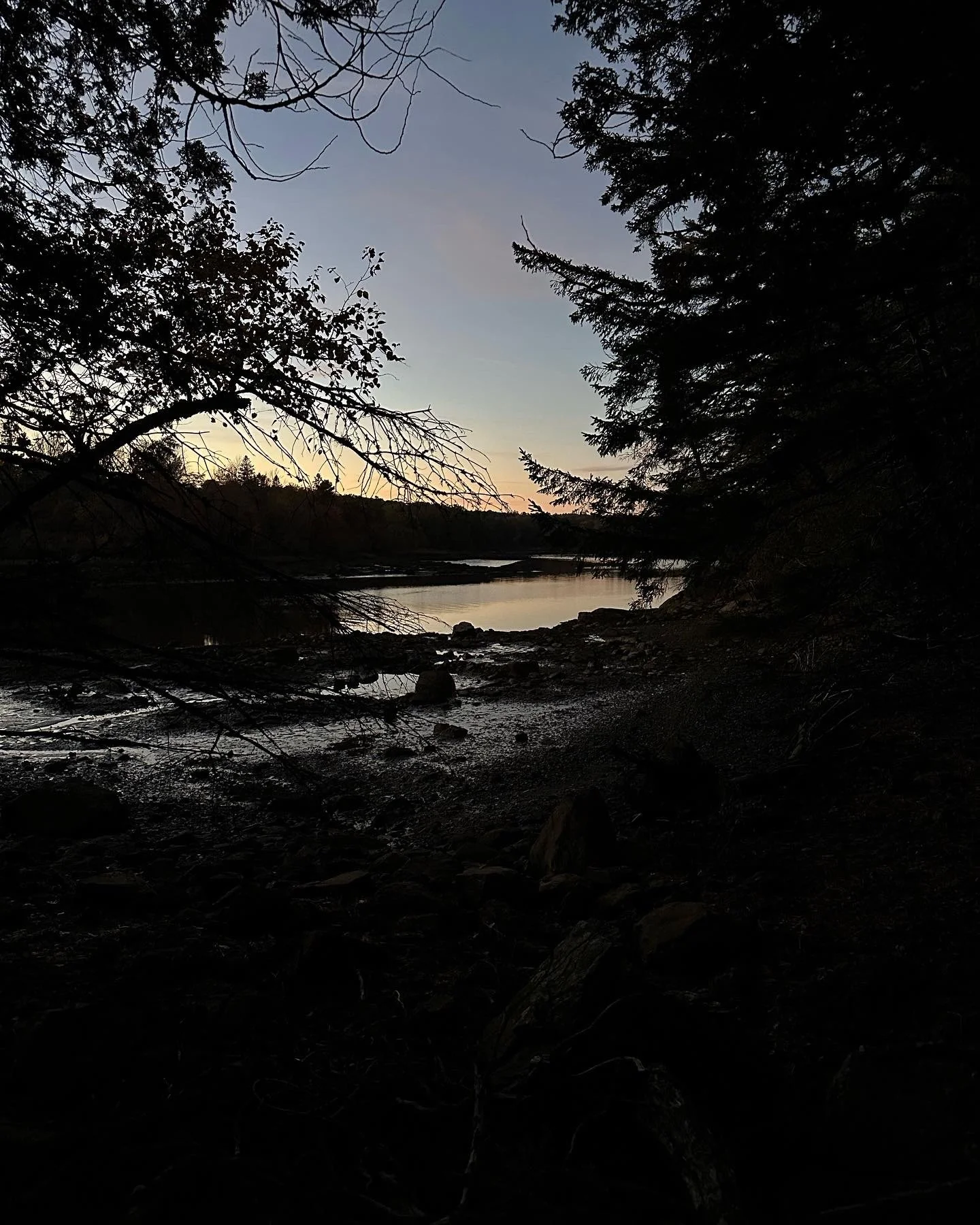 A riverside scene at dusk, with trees framing the view, a calm river, and a colorful sunset sky in the background.