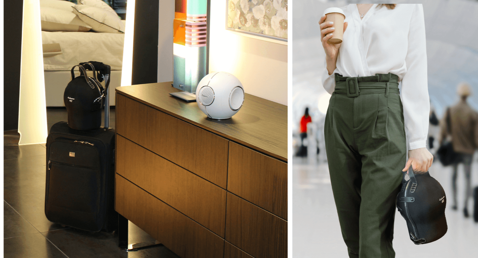 À esquerda, ideia de decoração com uma luminária de mesa, uma caixa de armazenamento, uma pasta de papel, uma bola de som e uma pasta, tudo sobre uma cômoda de madeira. À direita, mulher de camisa branca e calça verde, segurando uma lata de café e uma bolsa de viagem, com pessoas ao fundo em ambiente externo.