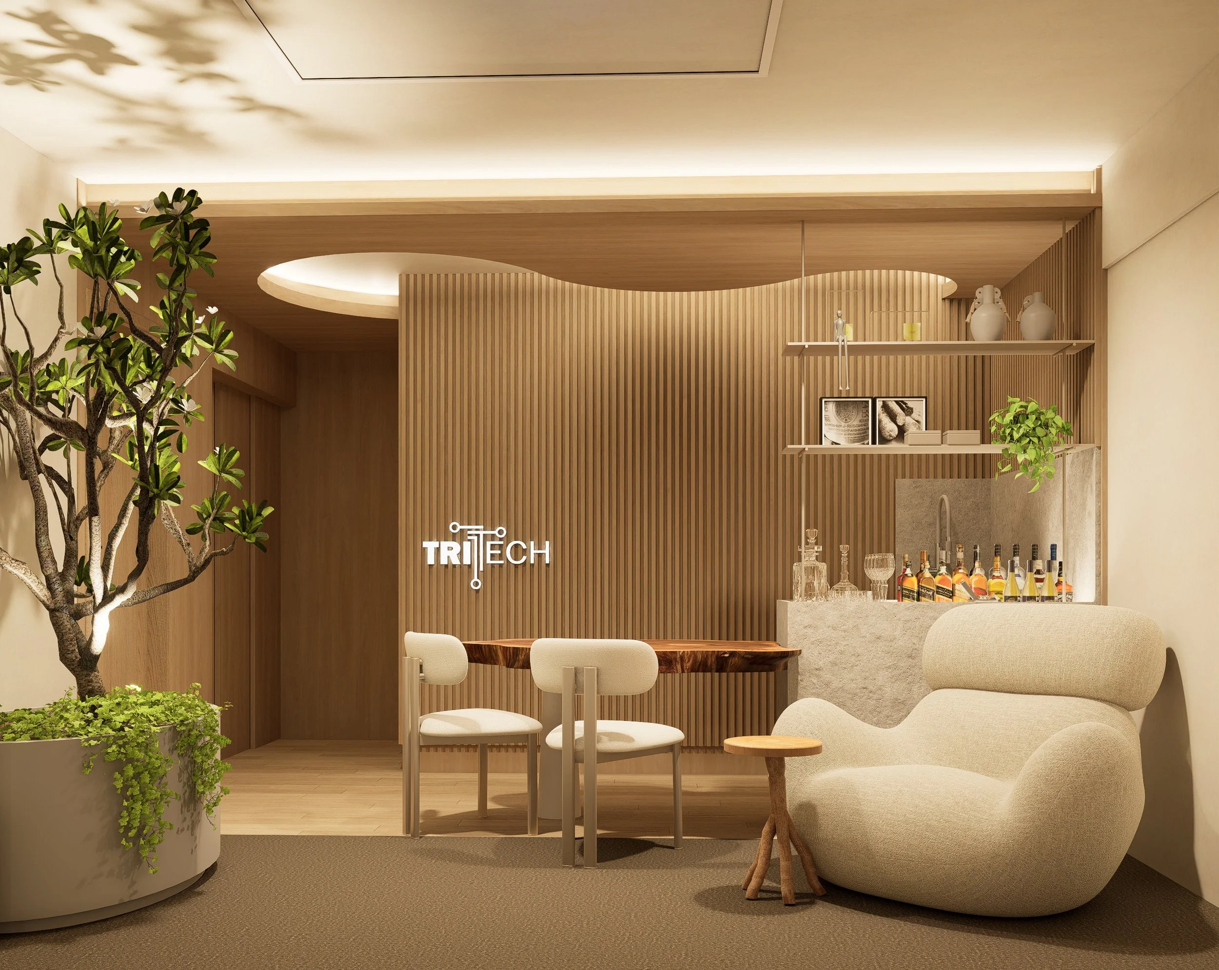 Sala de estar com móveis de design minimalista, plantas, luminária de teto embutida, parede de madeira, poltrona branca curvada, mesa de centro de madeira, bar com bebidas, prateleiras decorativas e decoração moderna.