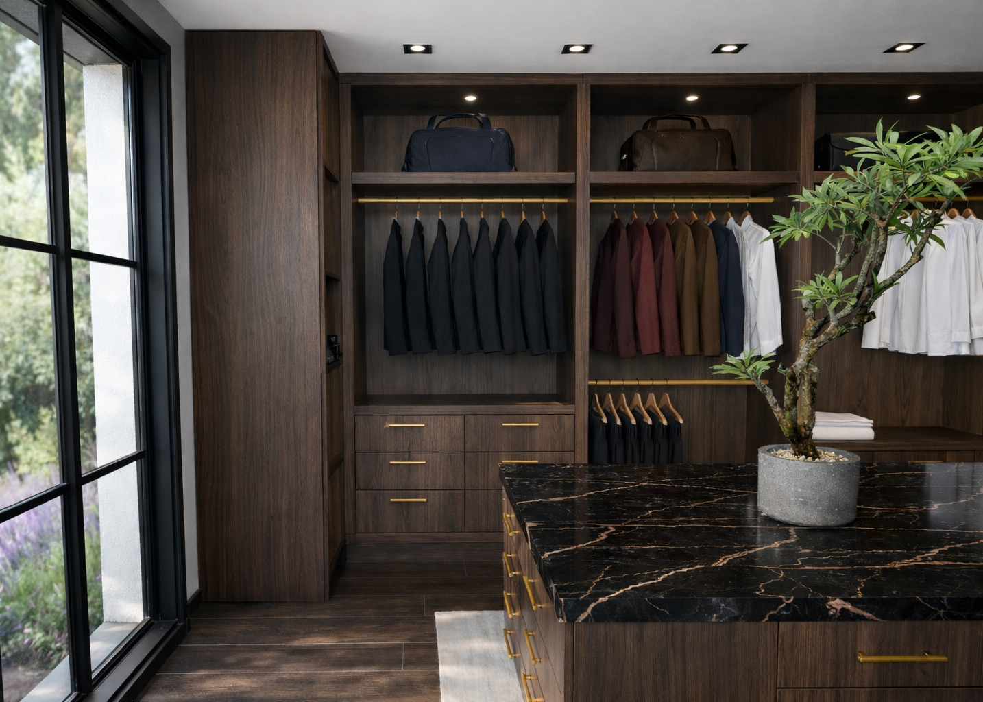 Walk In Wardrobe interior at Villa, Monaco designed by Ursula Carlton Design, featuring Dekton worktops, custom veneer cabinetry.