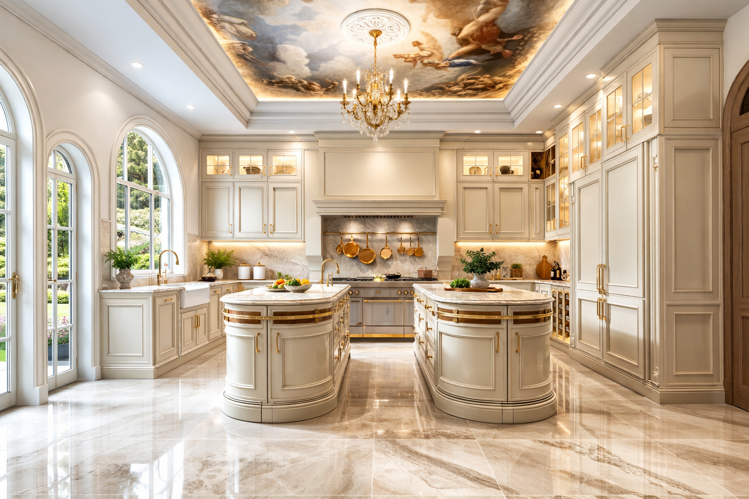 Kitchen interior at Château, Dordogne designed by Ursula Carlton Design, featuring marble surfaces, custom cabinetry, and classical architectural detailing.
