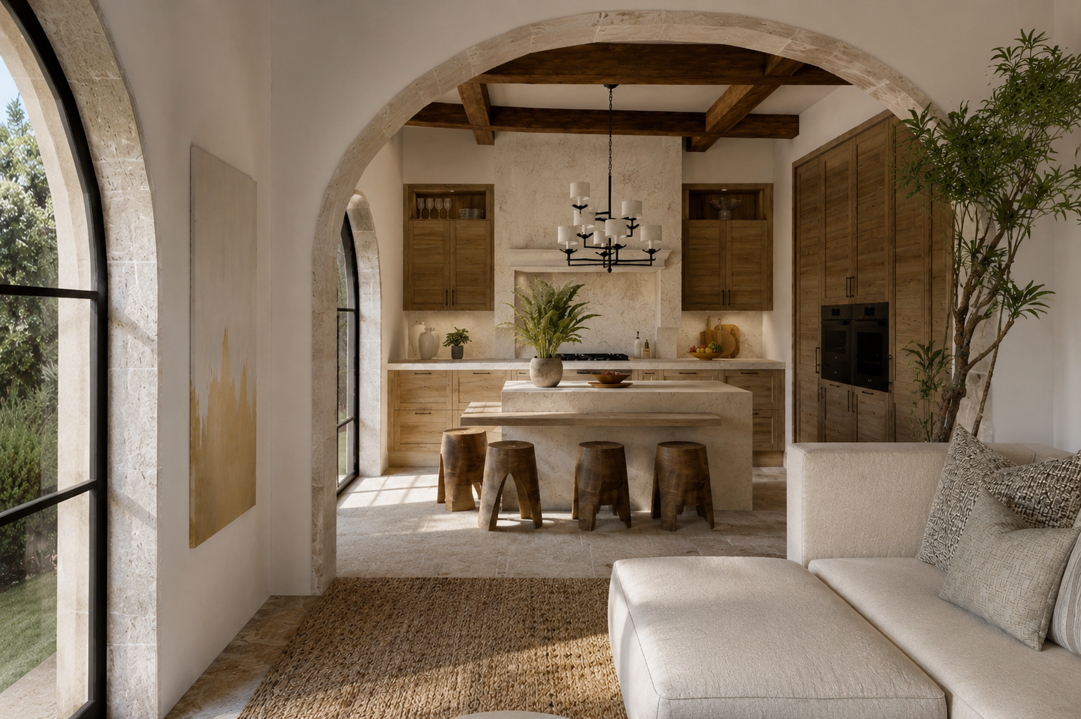 Open-concept kitchen and living room with large arched windows, wooden cabinetry, a marble island, and a beige sofa with patterned pillows.
