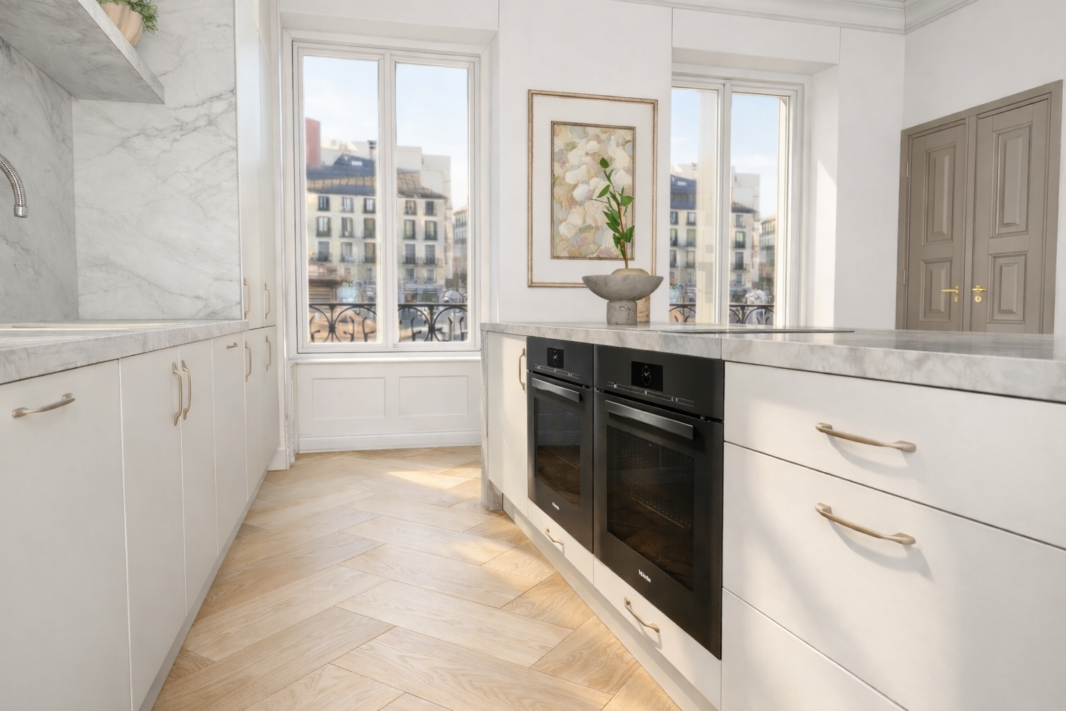 Modern apartment interior Kitchen, in Madrid, designed by Ursula Carlton Design, featuring matt painted kitchen cabinetry, dekton worktops, herringbone flooring, high ceiling, traditional architecture.