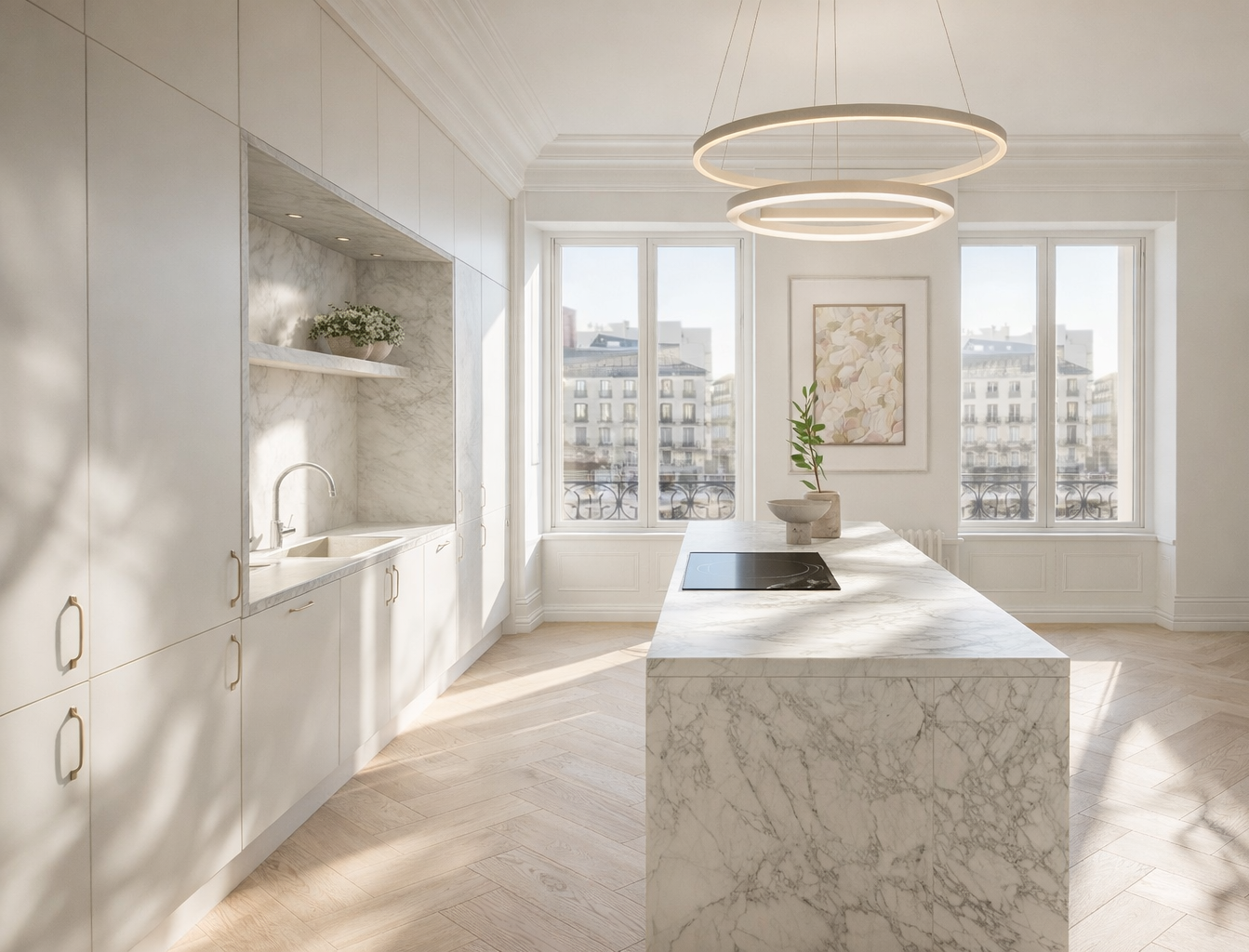 Modern kitchen with marble island, white cabinets, large windows, and minimalist decor.