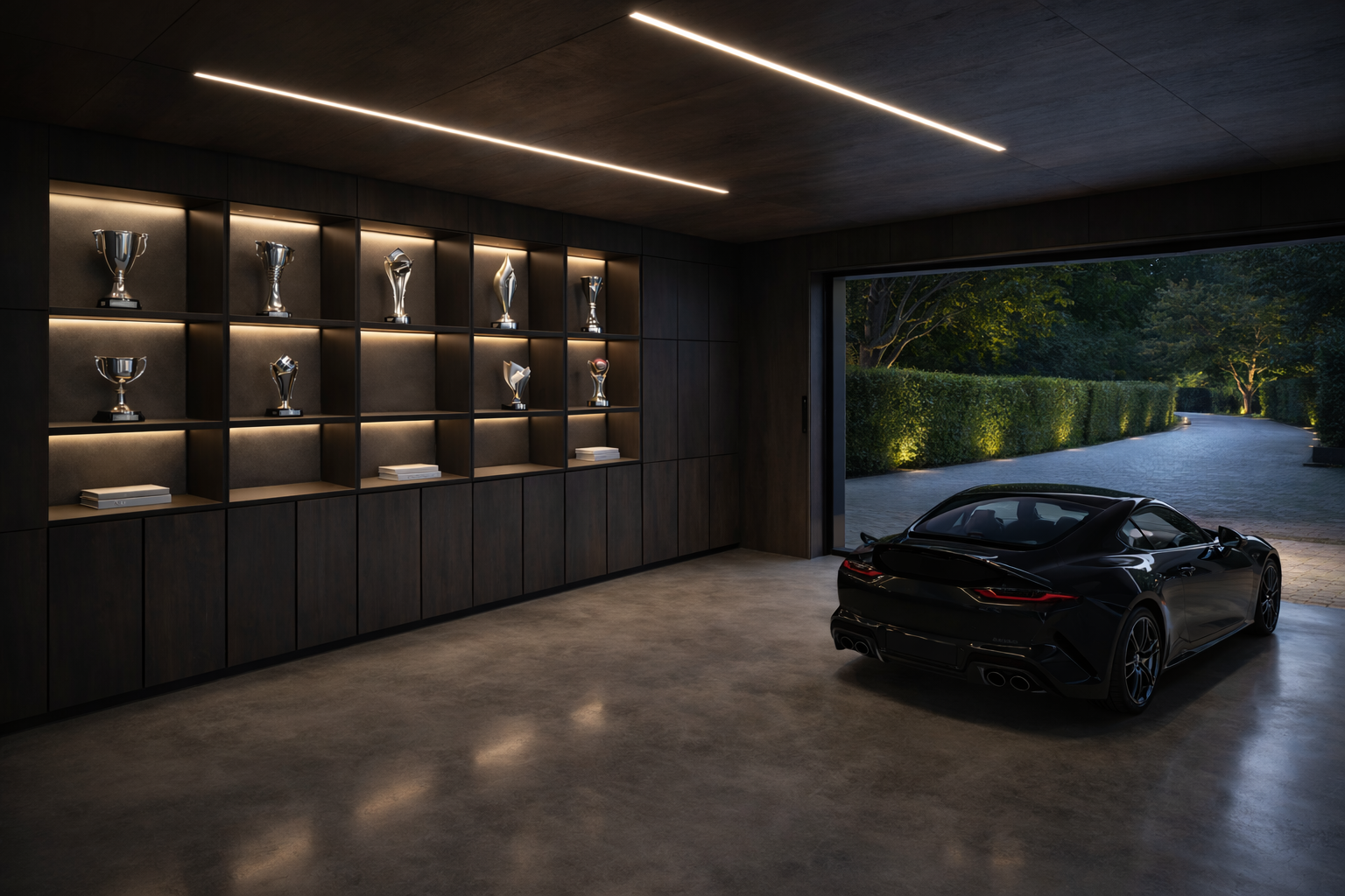 Luxury Car garage interior at Villa, Monaco designed by Ursula Carlton Design, featuring custom veneer cabinetry and landscaped and mood lit driveway.