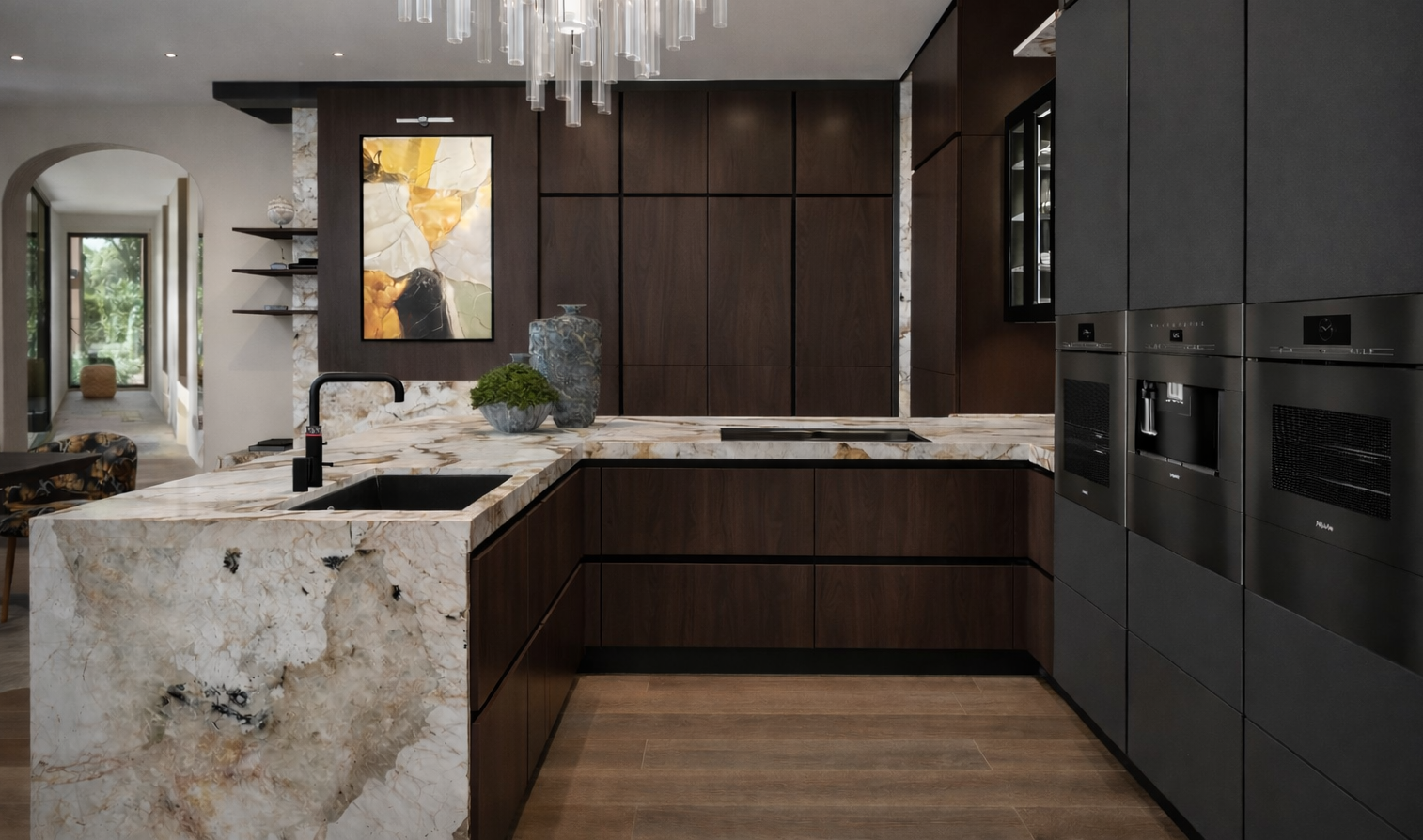 Kitchen interior at Villa, Monaco designed by Ursula Carlton Design, featuring Dekton Worktop surfaces, custom veneer cabinetry, and modern architectural detailing.