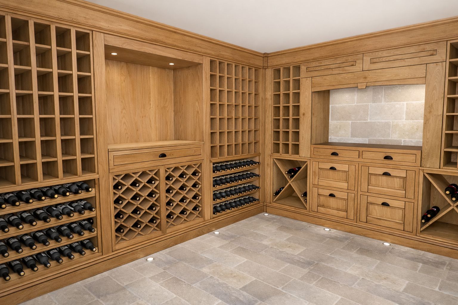 Wine Cellar interior at Château, Dordogne designed by Ursula Carlton Design, featuring custom wood veneer cabinetry, recessed lighting, and tumbled limestone tiles.