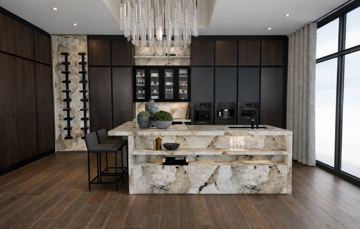 Kitchen interior at Villa, Monaco designed by Ursula Carlton Design, featuring Dekton Worktop surfaces, custom veneer cabinetry, and modern architectural detailing.