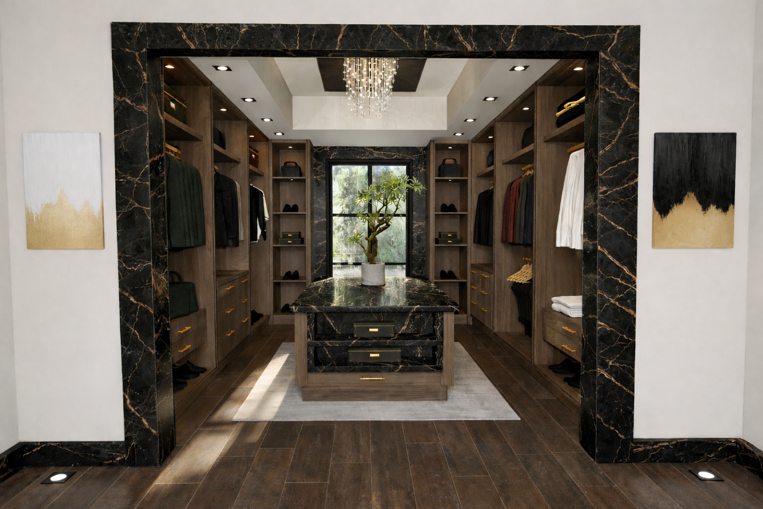 Walk In Wardrobe interior at Villa, Monaco designed by Ursula Carlton Design, featuring Dekton worktops, custom veneer cabinetry.