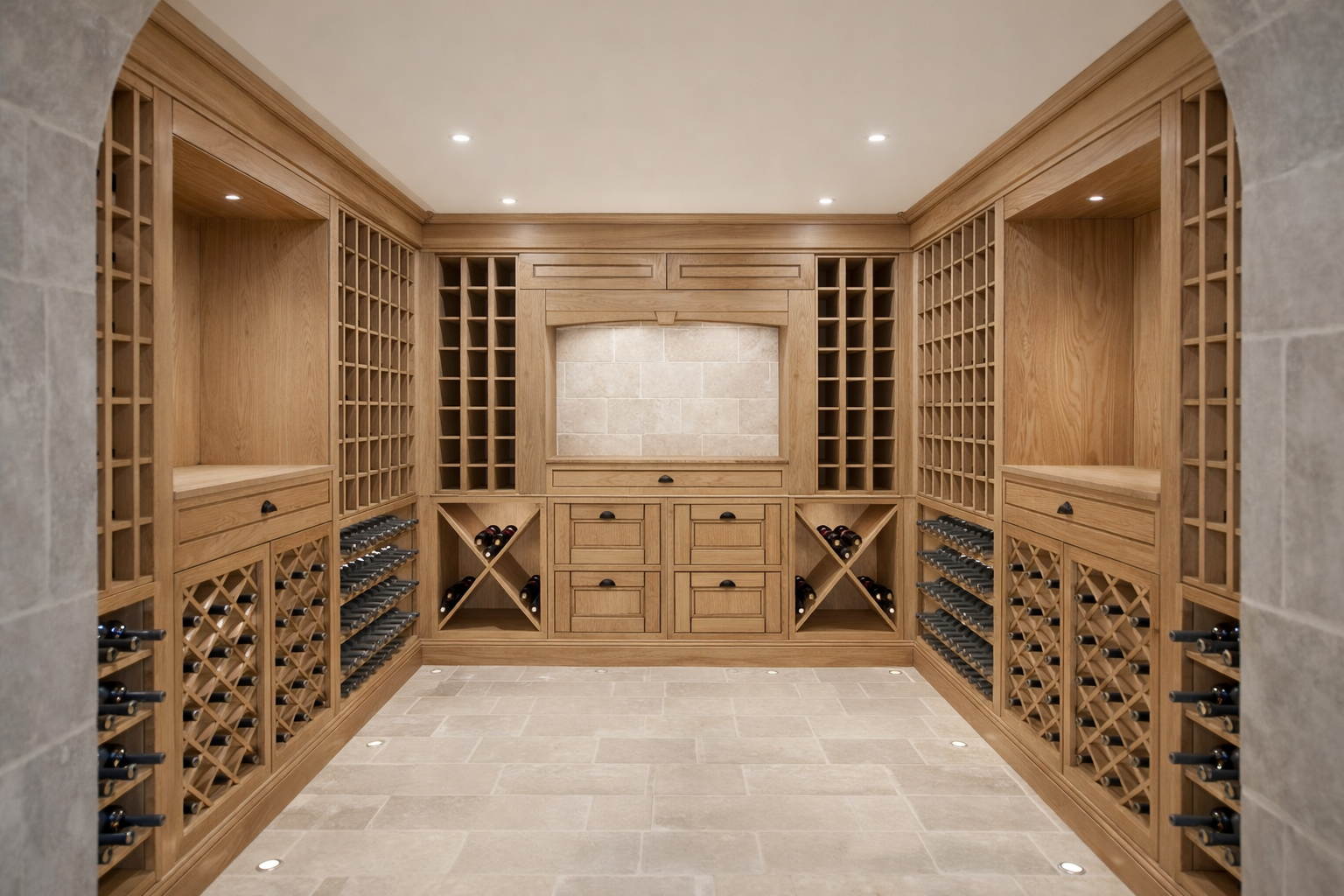 Wine Cellar interior at Château, Dordogne designed by Ursula Carlton Design, featuring custom wood veneer cabinetry, recessed lighting, and tumbled limestone tiles.