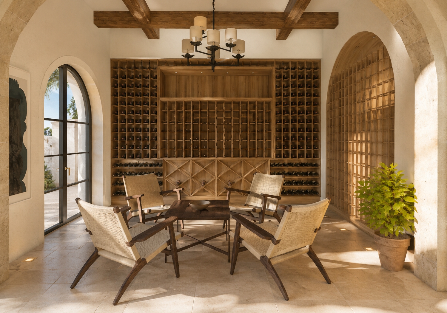 A cozy wine cellar with wooden wine racks, a round wooden table, four armchairs with woven seats, a potted green plant, large arched window, and a black chandelier with candle-shaped lights.