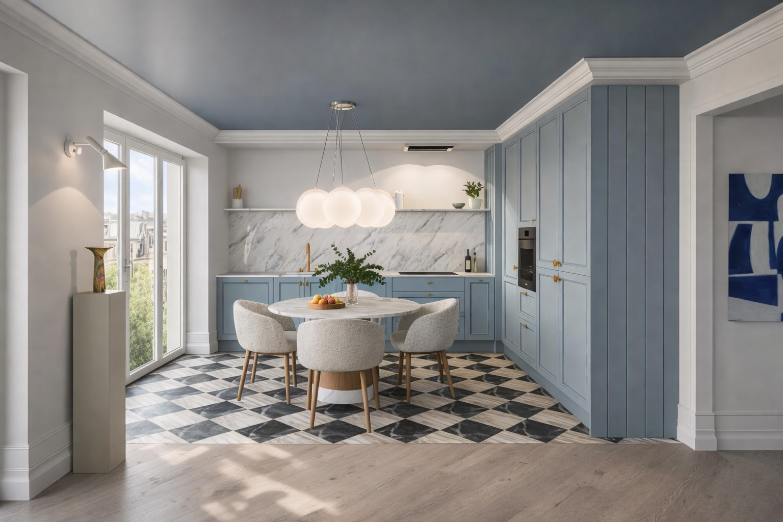 kitchen interior, pied-à-terre, Paris, designed by Ursula Carlton Design, featuring custom painted in frame cabinetry, marble worktops, a contemporary furnishings.
