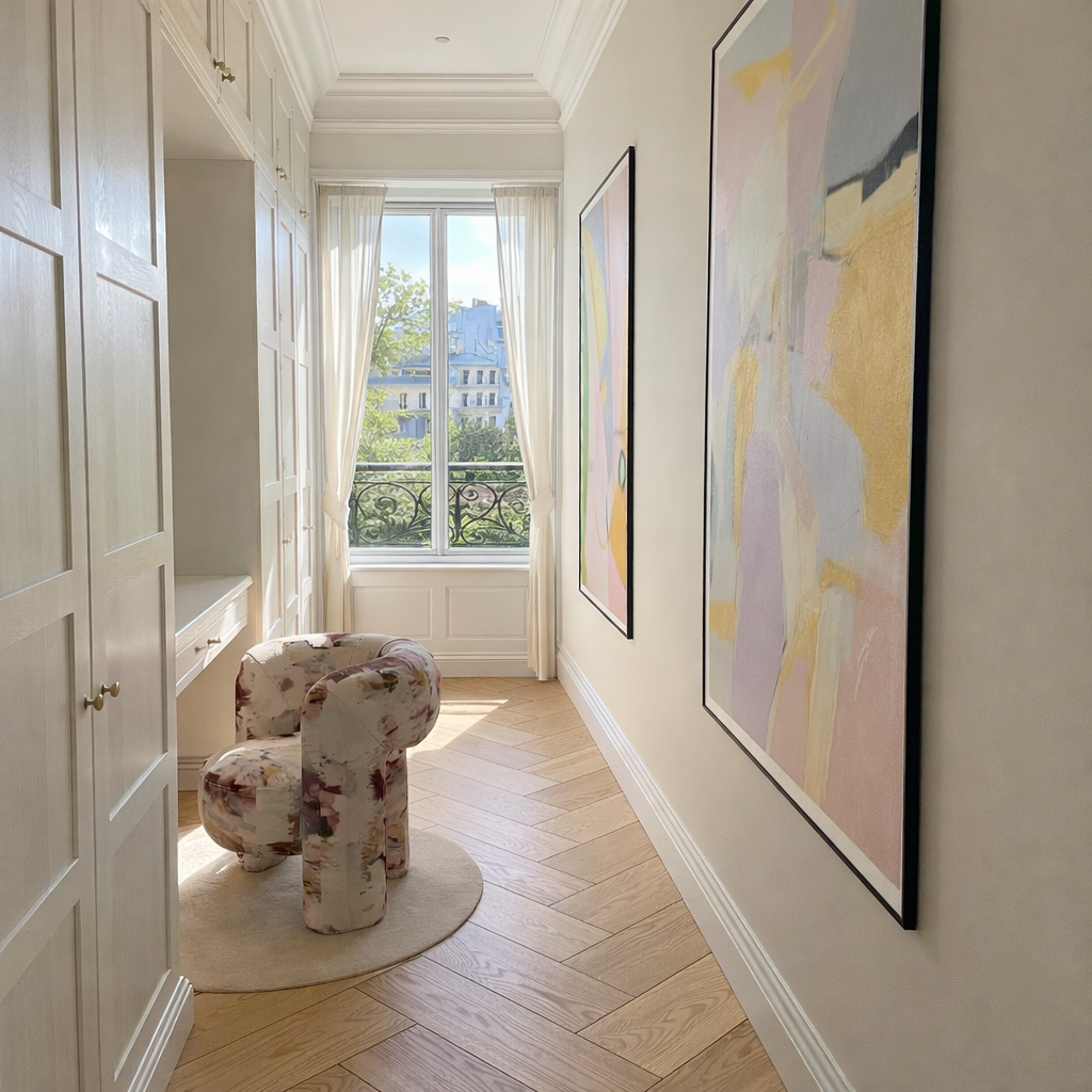 Modern apartment interior, walk in wardrobe dressing suite, in Madrid, designed by Ursula Carlton Design, featuring bespoke painted cabinetry, marble worktops, herringbone flooring, high ceiling, traditional architecture.