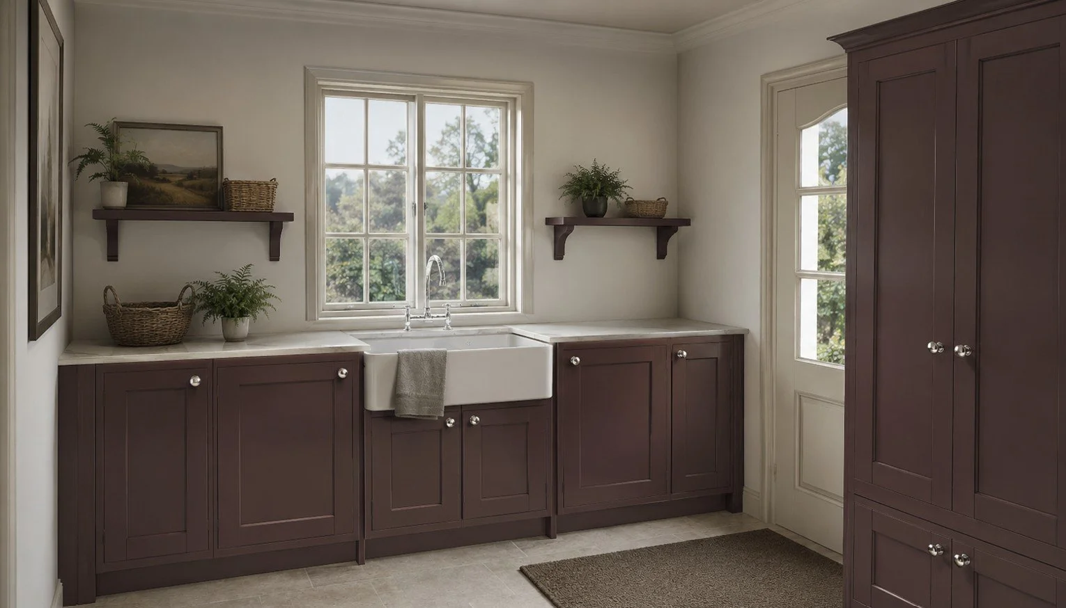 A kitchen with a large white farmhouse sink, wooden cabinets, open shelves with plants, a window showing outside greenery, and a right-side tall pantry cabinet.
