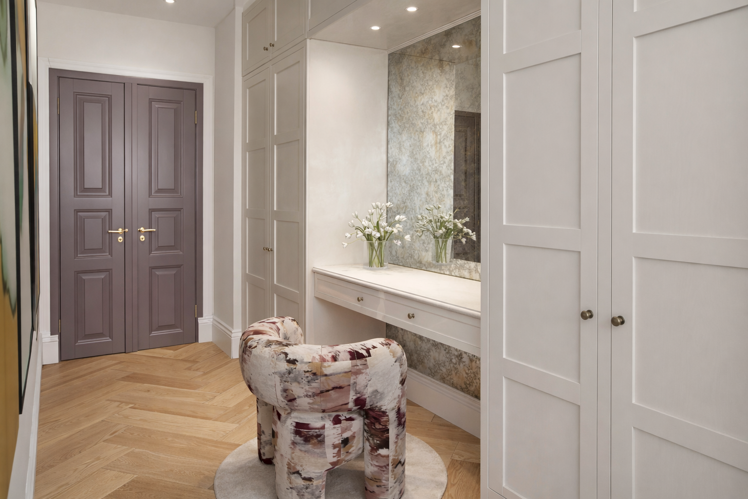 Modern apartment interior, walk in wardrobe dressing suite, in Madrid, designed by Ursula Carlton Design, featuring bespoke painted cabinetry, marble worktops, herringbone flooring, high ceiling, traditional architecture.