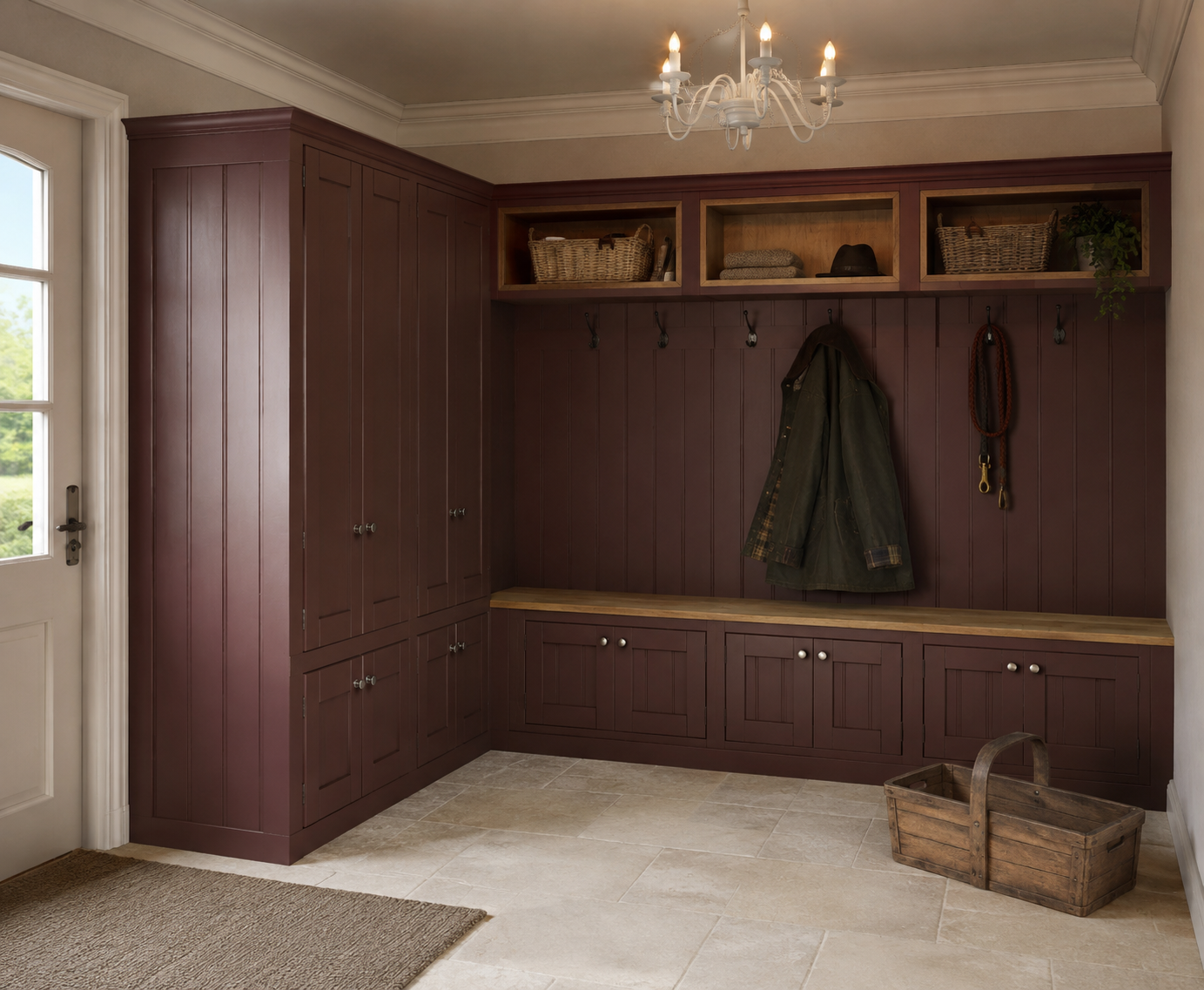 Mudroom with built-in cabinetry, a coat hanging on hooks, woven baskets, and a wooden basket on the tile floor.