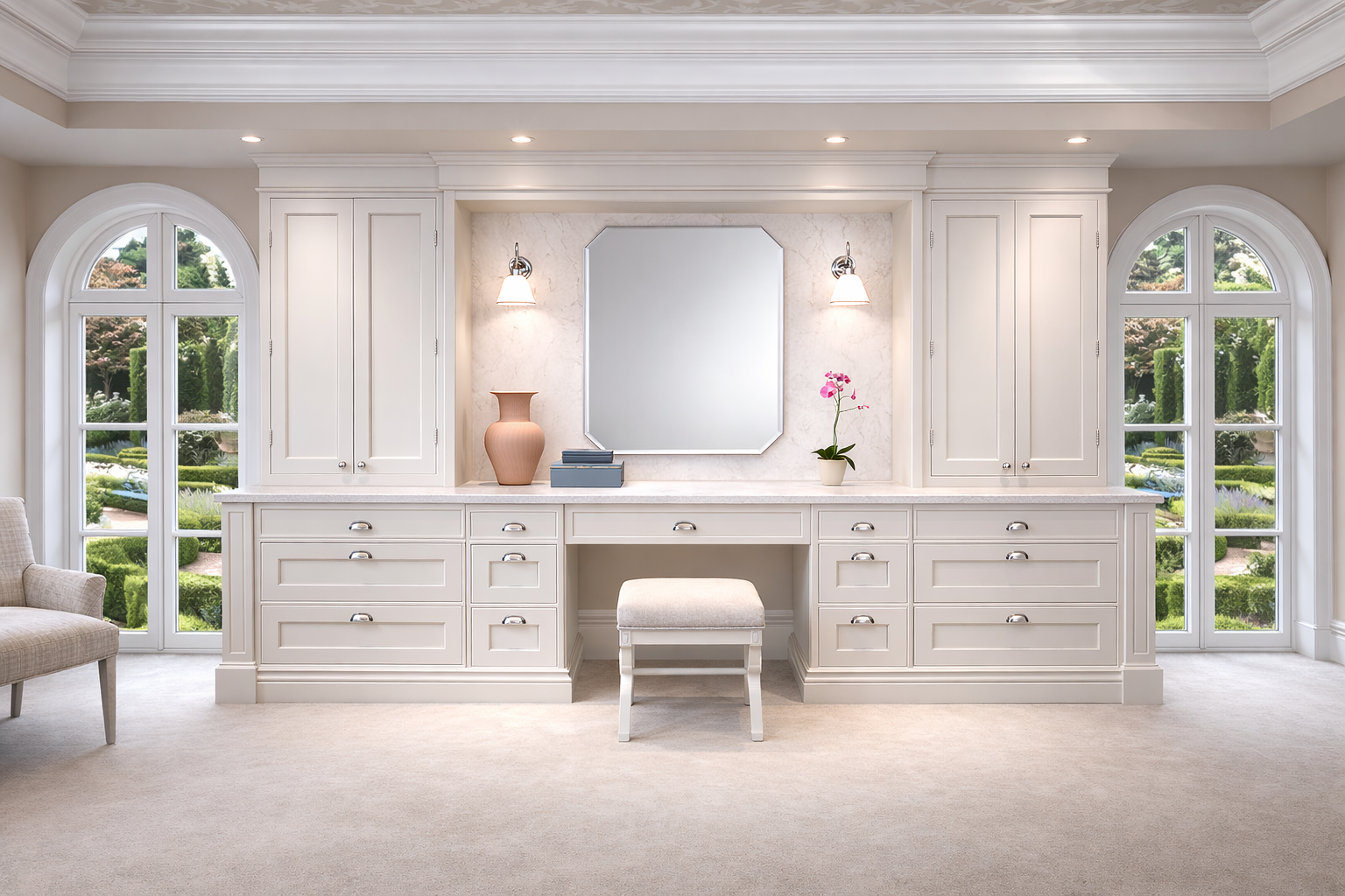 Custom walk in wardrobe closet interior at Château, Dordogne designed by Ursula Carlton Design, featuring custom painted in frame cabinetry, marble worktops, and soft furnishings.